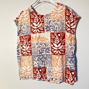 Sigrid Olsen Top 100% Linen Boxy V Back Button Back Retro Floral Patchwork Print
